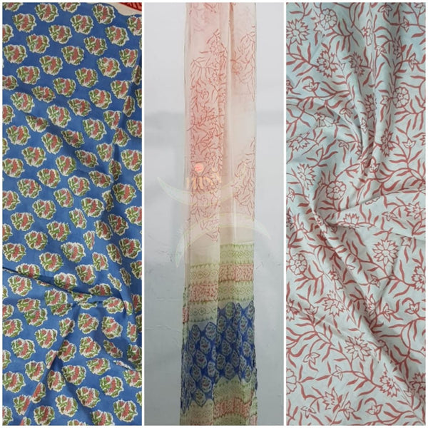 Handloom blue hand block printed dress material with floral motif and chiffon dupatta.
