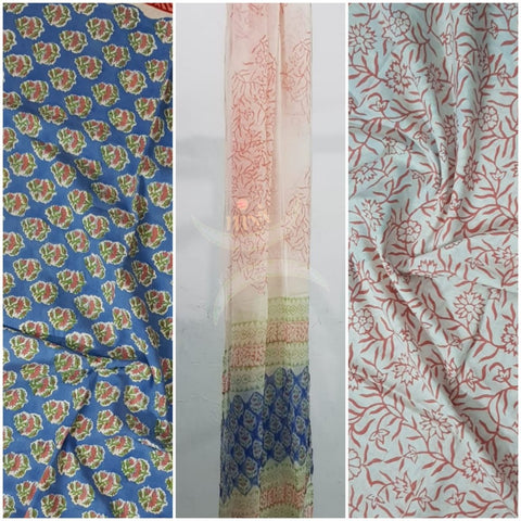 Handloom blue hand block printed dress material with floral motif and chiffon dupatta.