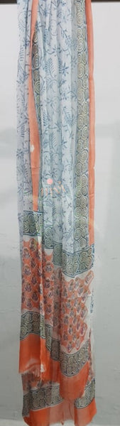 Handloom peach hand block printed dress material with floral motif and chiffon dupatta.