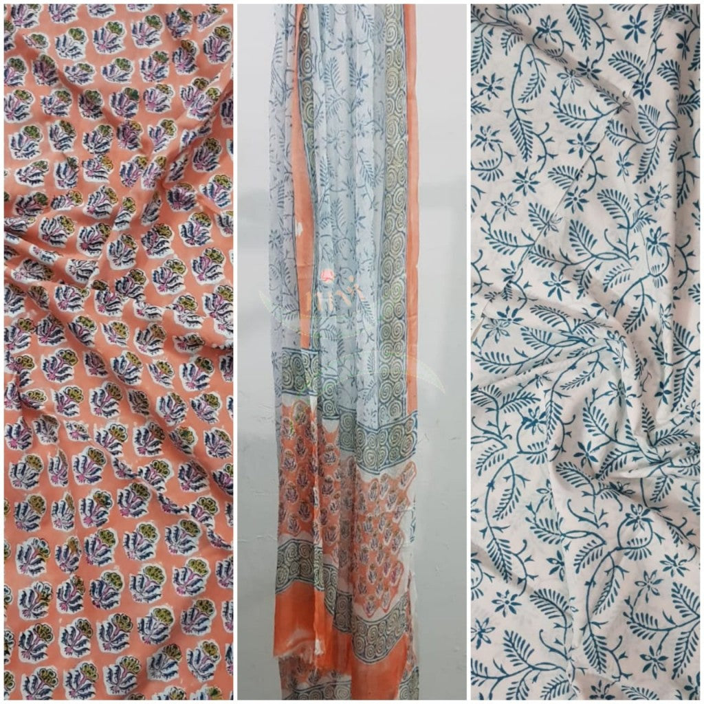 Handloom peach hand block printed dress material with floral motif and chiffon dupatta.