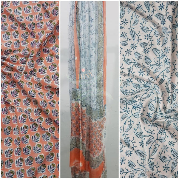 Handloom peach hand block printed dress material with floral motif and chiffon dupatta.