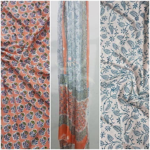 Handloom peach hand block printed dress material with floral motif and chiffon dupatta.