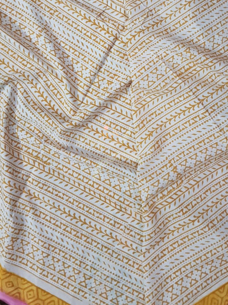 Handloom off white hand block printed dress material with floral motif and chiffon dupatta.