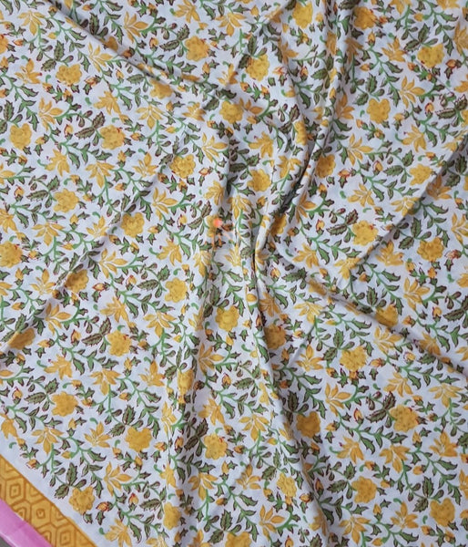 Handloom off white hand block printed dress material with floral motif and chiffon dupatta.