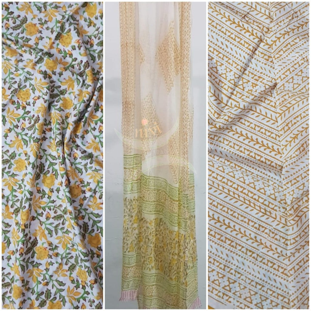 Handloom off white hand block printed dress material with floral motif and chiffon dupatta.