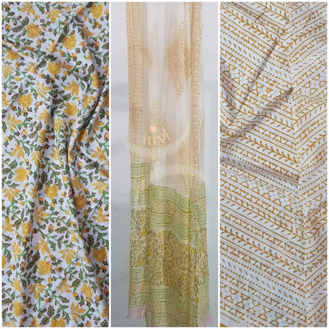 Handloom off white hand block printed dress material with floral motif and chiffon dupatta.