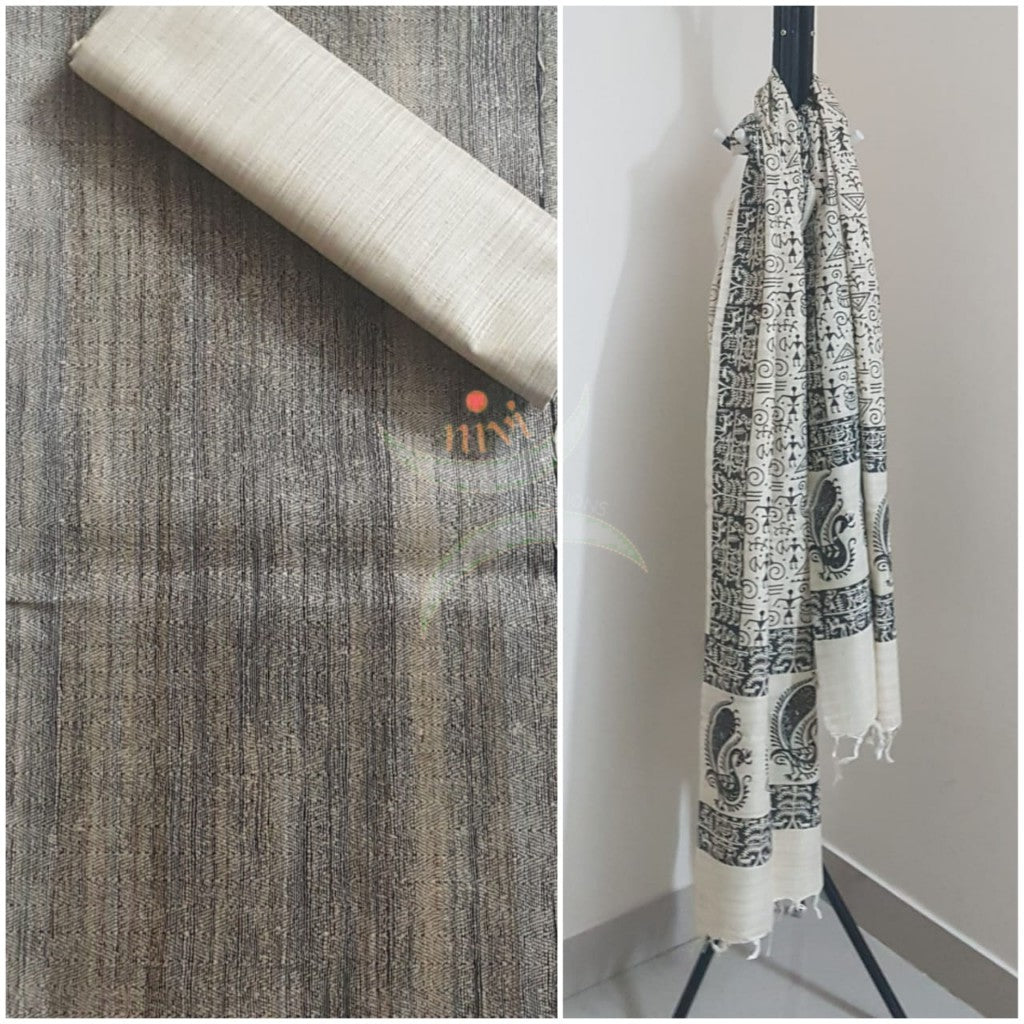 Handloom matka silk suit set with warli printed dupatta