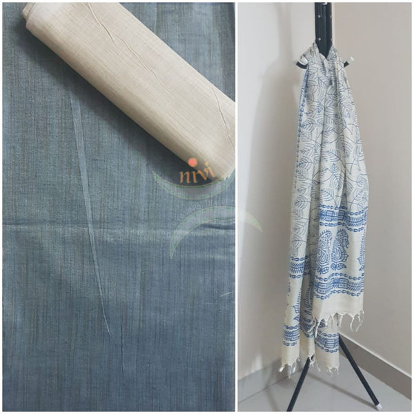 Handloom two tone blue grey silk blend suit set with warli printed dupatta