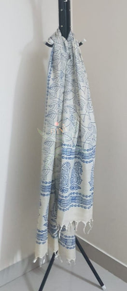 Handloom two tone blue grey silk blend suit set with warli printed dupatta