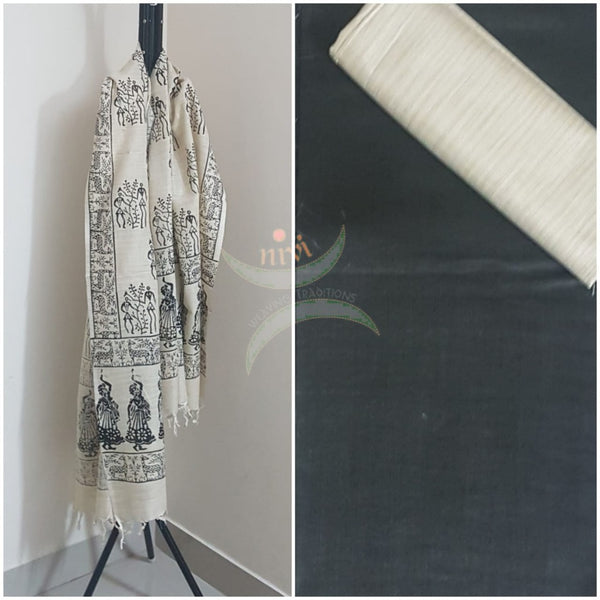 Handloom black red silk blend suit set with warli printed dupatta