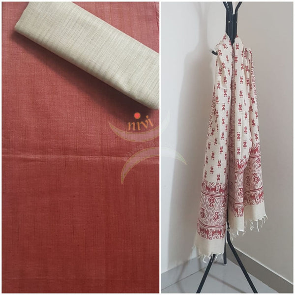 Handloom brick red silk blend suit set with warli printed dupatta