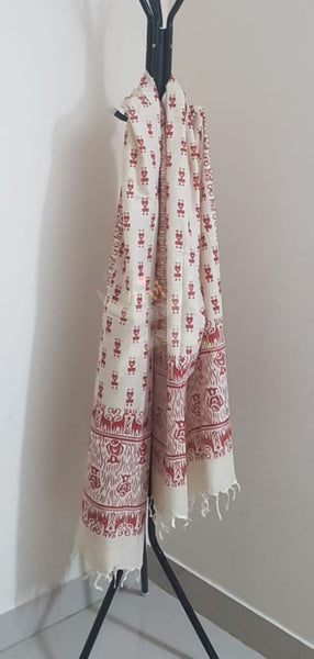 Handloom brick red silk blend suit set with warli printed dupatta