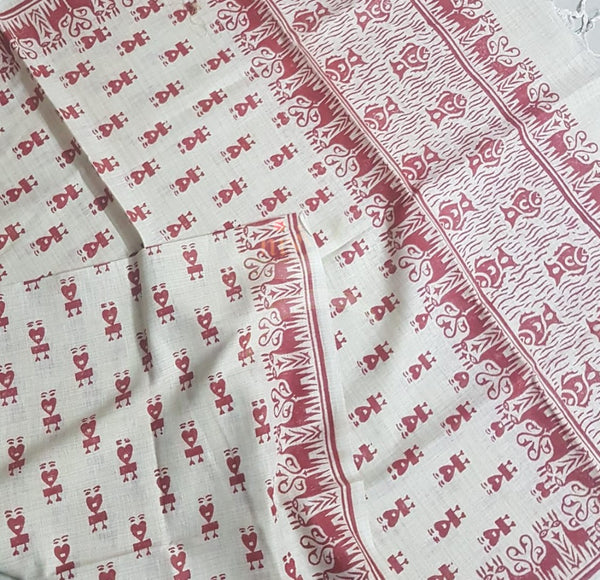 Handloom brick red silk blend suit set with warli printed dupatta