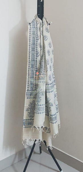 Handloom grey silk suit set with warli printed dupatta