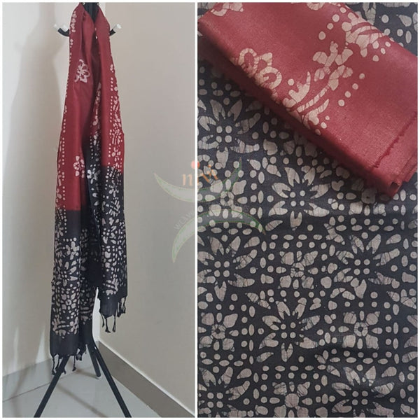 Handloom grey and  maroon silk blend batik suit set