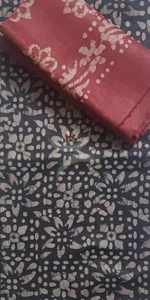 Handloom grey and  maroon silk blend batik suit set