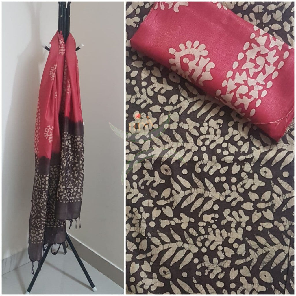 Handloom brown and pink  silk blend batik suit set