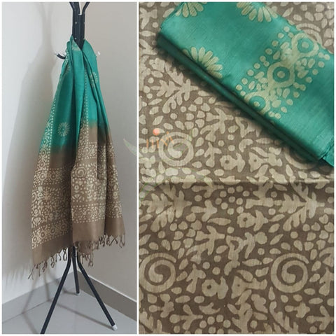 Handloom mehendi green and  sea green silk blend batik suit set