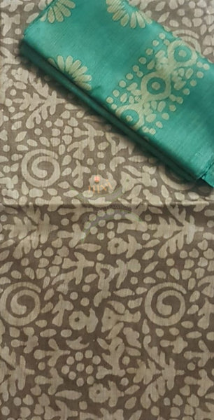 Handloom mehendi green and  sea green silk blend batik suit set