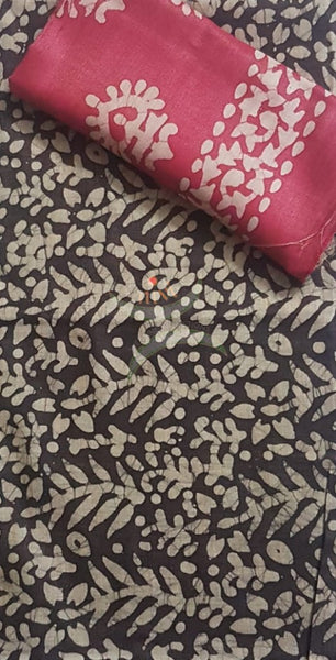 Handloom brown and pink  silk blend batik suit set