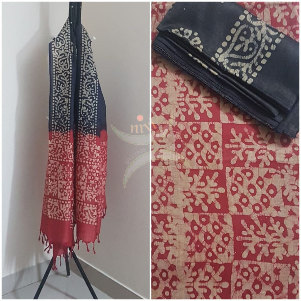 Handloom brick red and  grey silk blend batik suit set