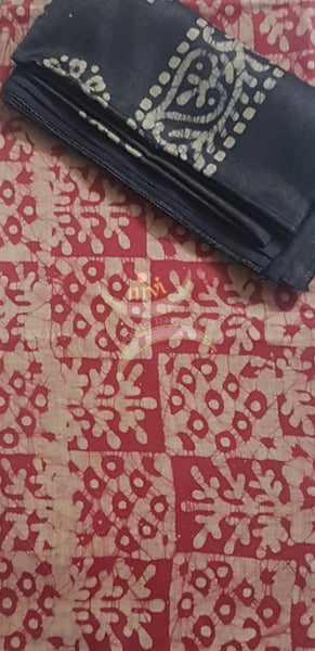 Handloom brick red and  grey silk blend batik suit set