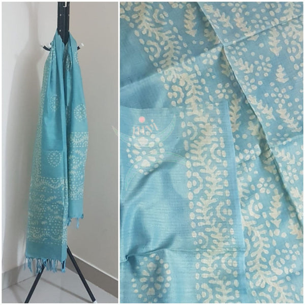 Blue handloom silk linen batik dupatta