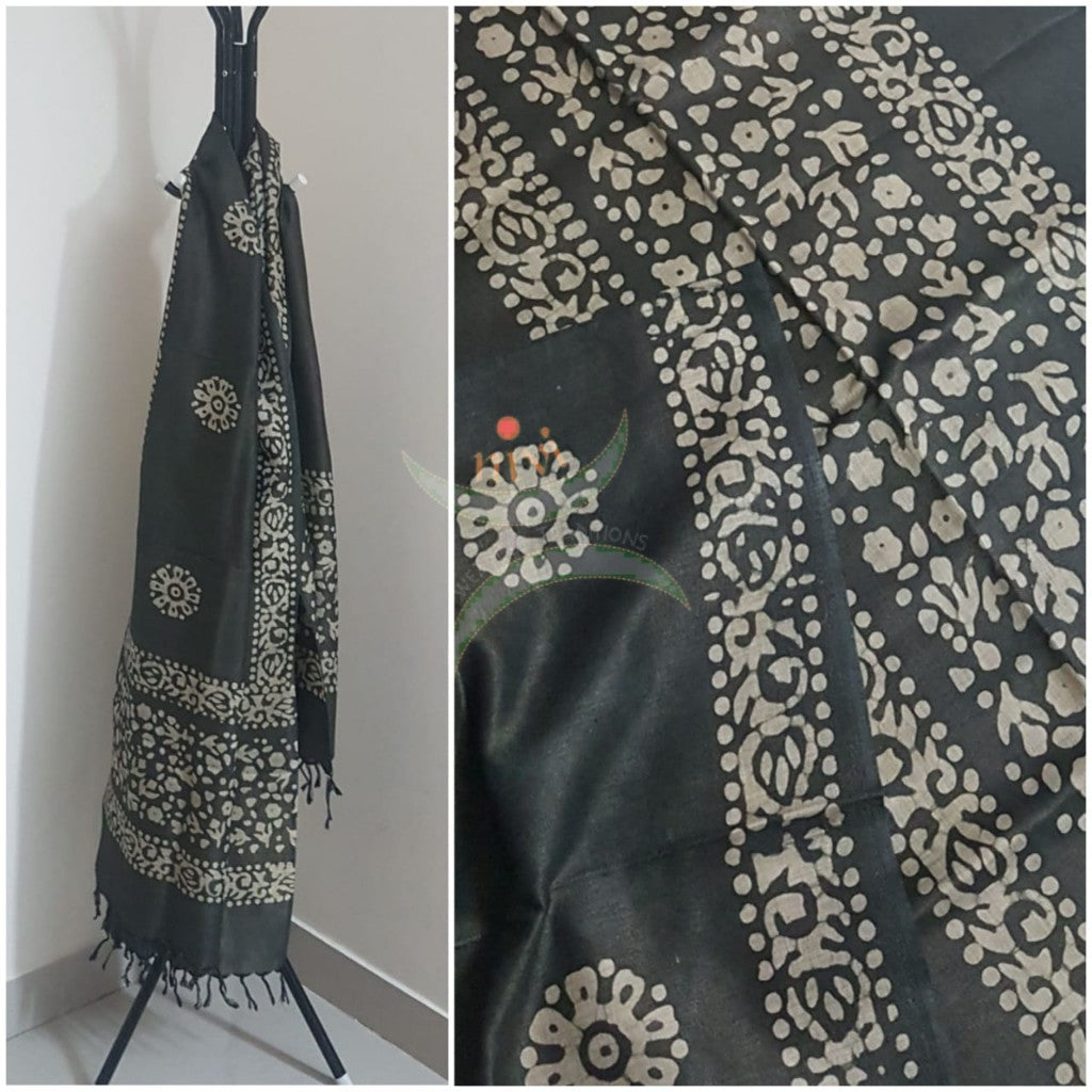 Greyish black handloom silk blend batik dupatta
