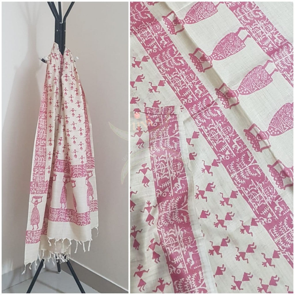 Handloom silk blend warli printed dupatta