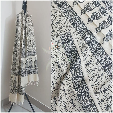 Handloom silk blend warli printed dupatta