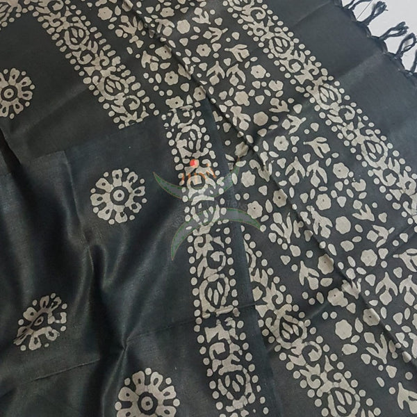 Greyish black handloom silk blend batik dupatta