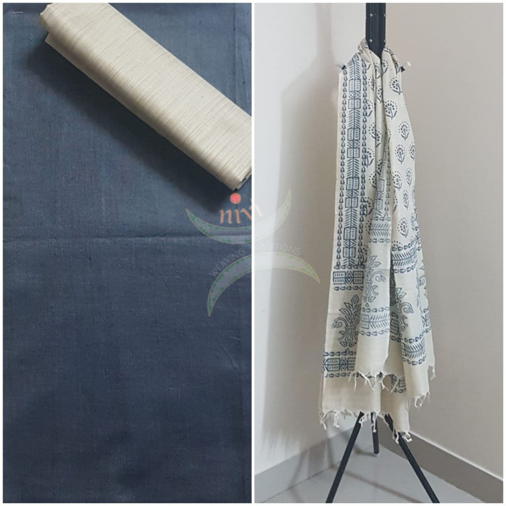Handloom grey silk suit set with warli printed dupatta
