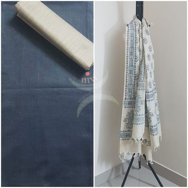 Handloom grey silk suit set with warli printed dupatta
