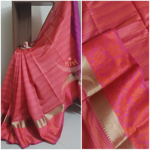 Red orange silk cotton striped saree with thread woven floral motif and antique zari border.saree is with contrast purple pallu and blouse.