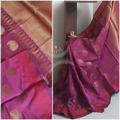 Pink cotton blended benaras brocade with ganga jamuna border. Saree comes with antique zari finished pink blouse.