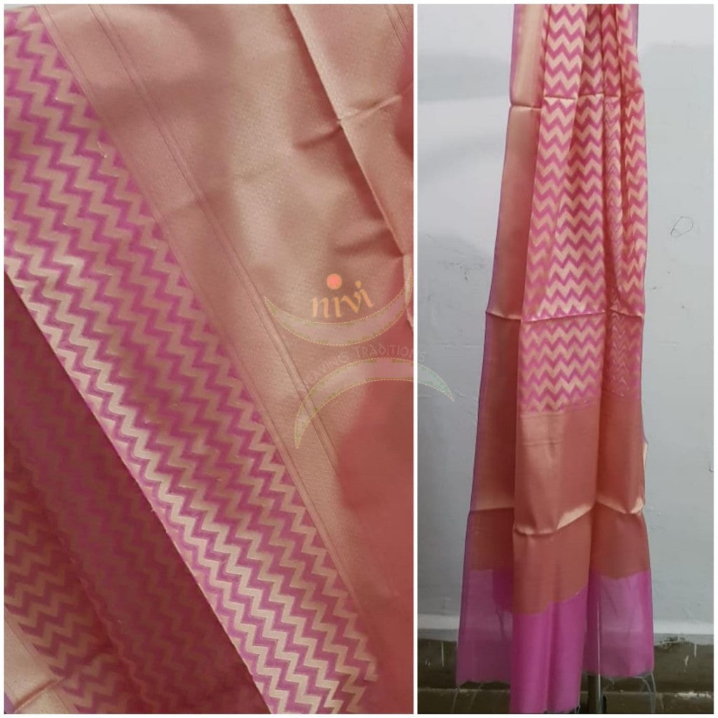 Pink chanderi benaras  brocade duppata with all over jacquard weaving.