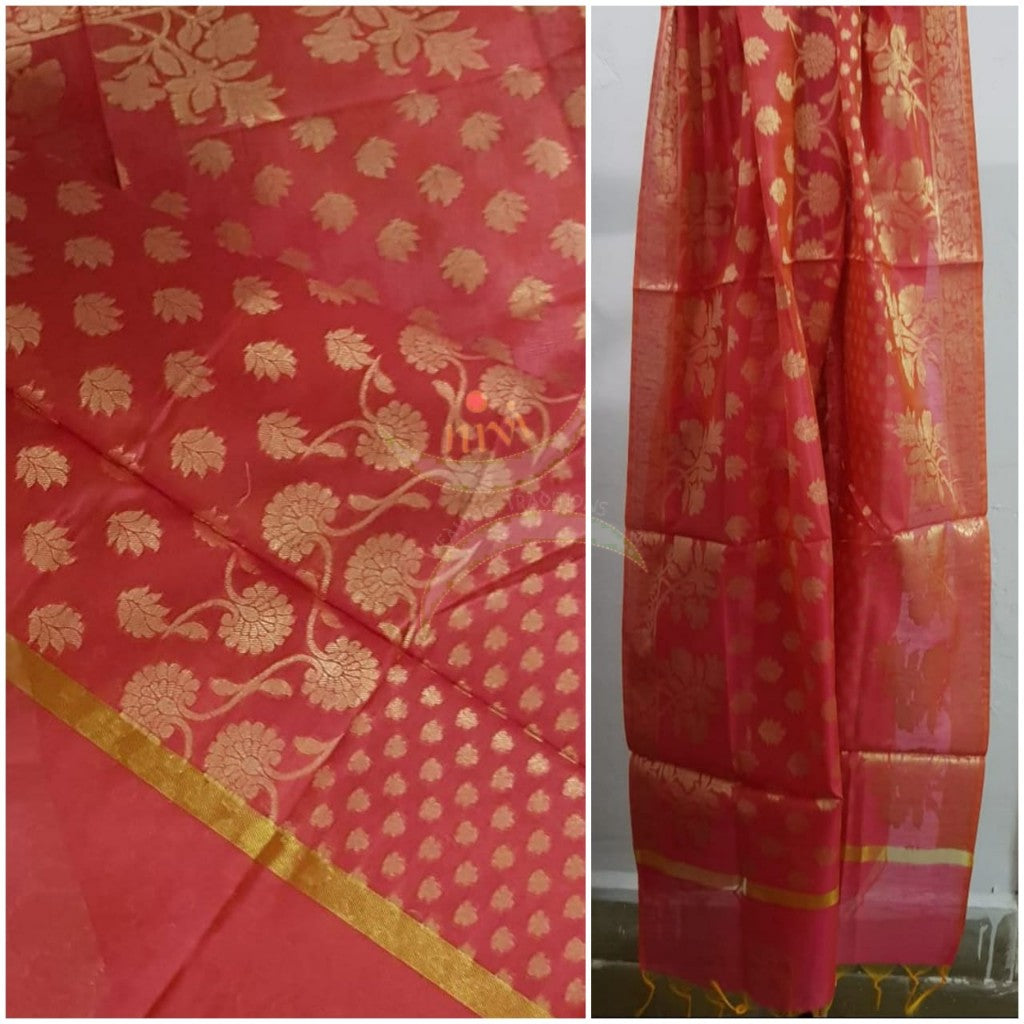 Red chanderi benaras  brocade duppata with all over jacquard weaving.