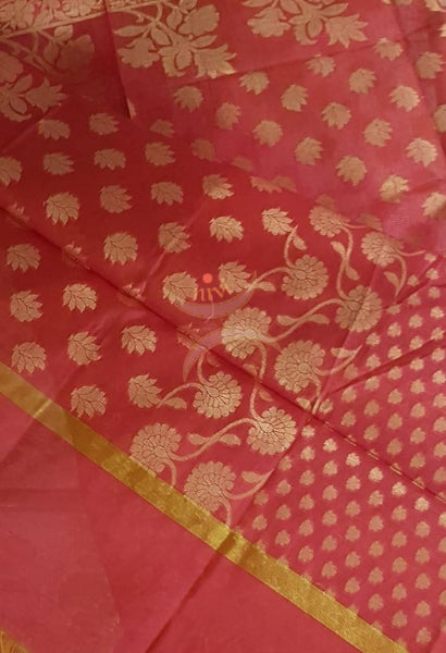 Red chanderi benaras  brocade duppata with all over jacquard weaving.