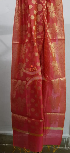 Red chanderi benaras  brocade duppata with all over jacquard weaving.