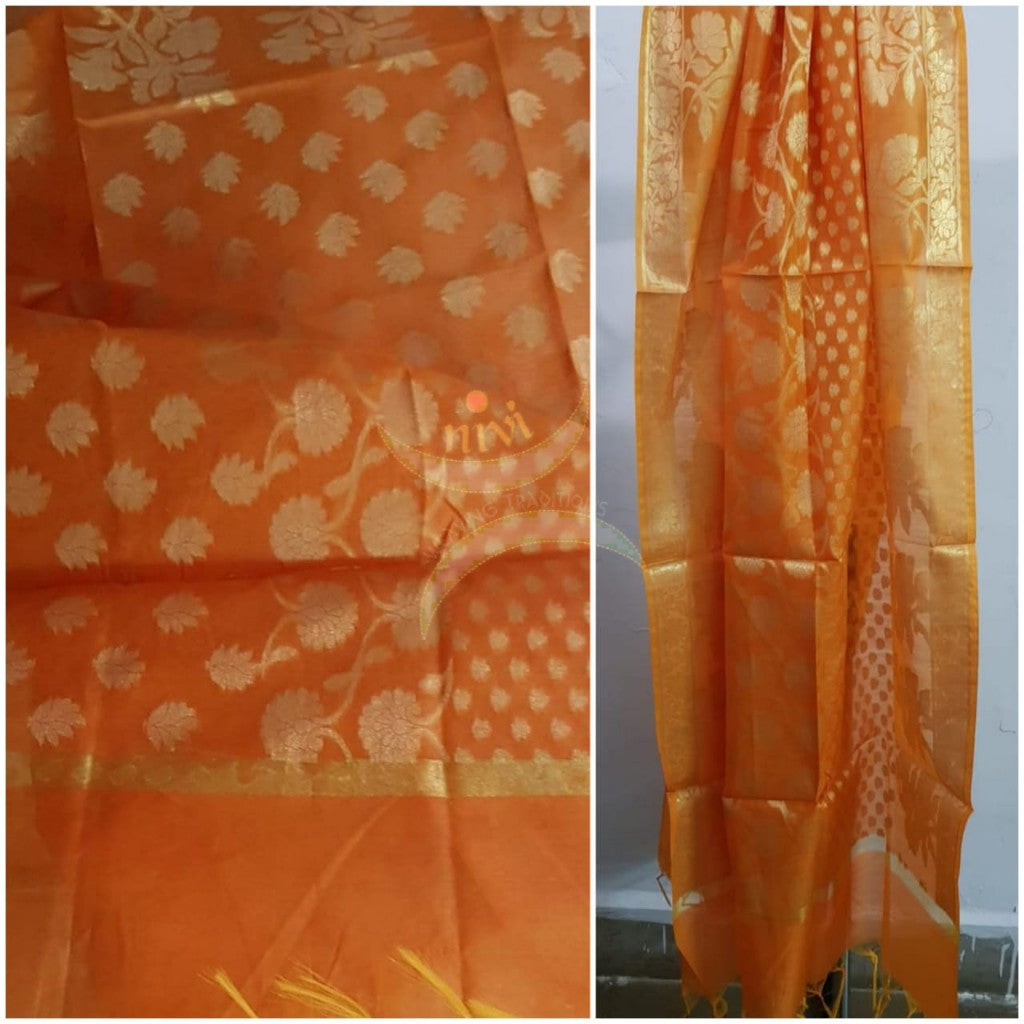 Orange chanderi benaras  brocade duppata with all over jacquard weaving.