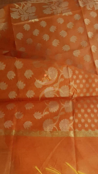 Orange chanderi benaras  brocade duppata with all over jacquard weaving.