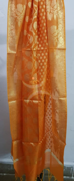 Orange chanderi benaras  brocade duppata with all over jacquard weaving.