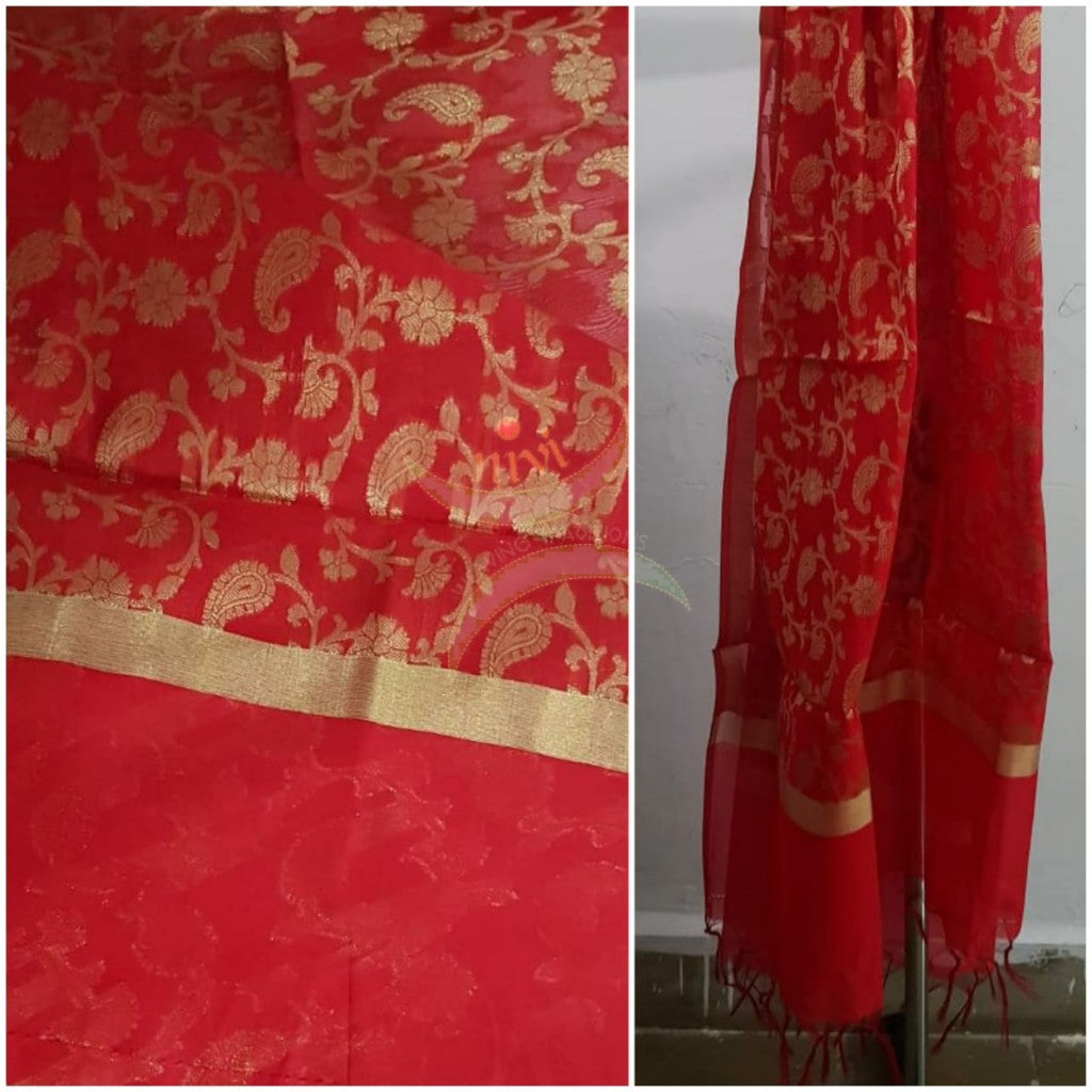 Red chanderi benaras  brocade duppata with all over jacquard weaving.