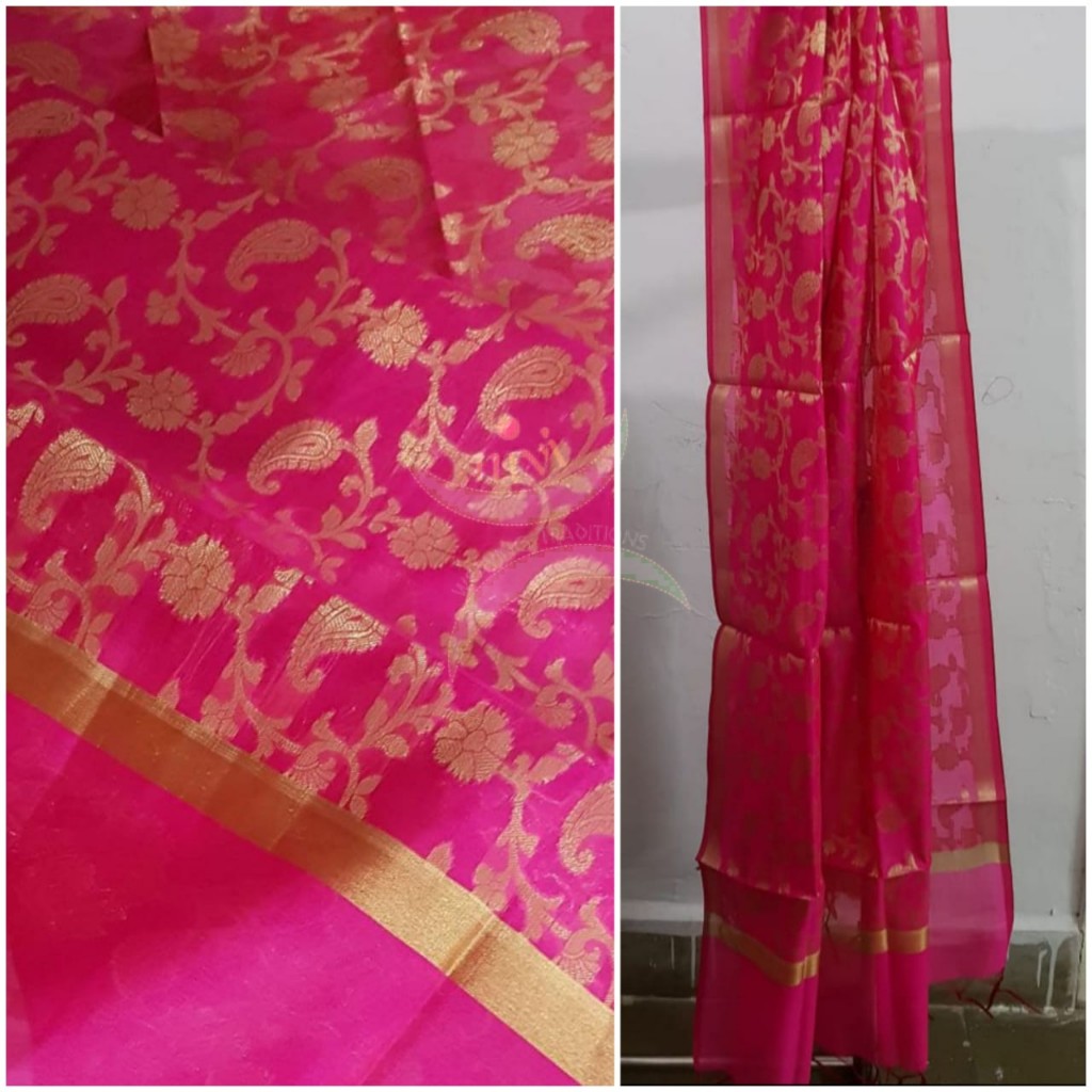 Pink chanderi benaras  brocade duppata with all over jacquard weaving.