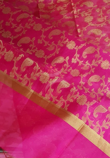 Pink chanderi benaras  brocade duppata with all over jacquard weaving.