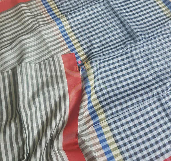 Grey horizontal striped linen saree with contrasting red border