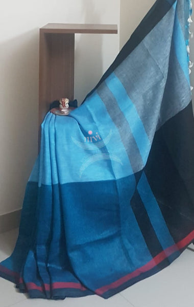 2 tone blue linen saree with contrasting red border