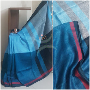 2 tone blue linen saree with contrasting red border