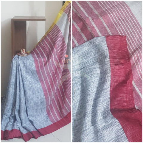 Grey linen saree with contrasting red border