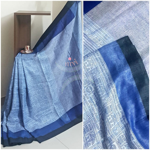 Blue script printed linen saree